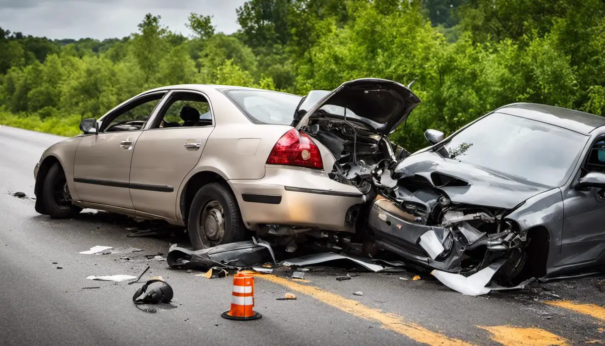 Image depicting the importance of documentation in car accident cases, showing a person taking photographs of a damaged vehicle and the accident scene.