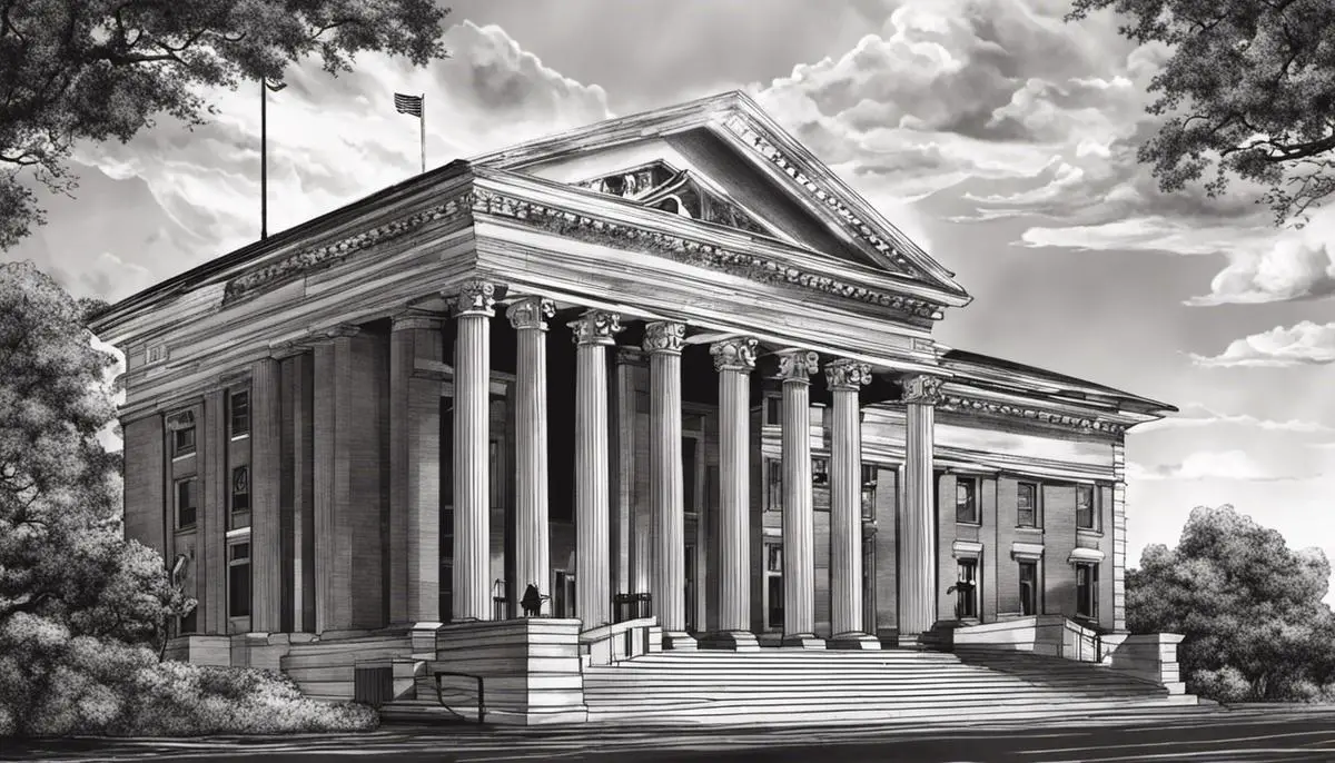 Illustration of a courthouse and gavel