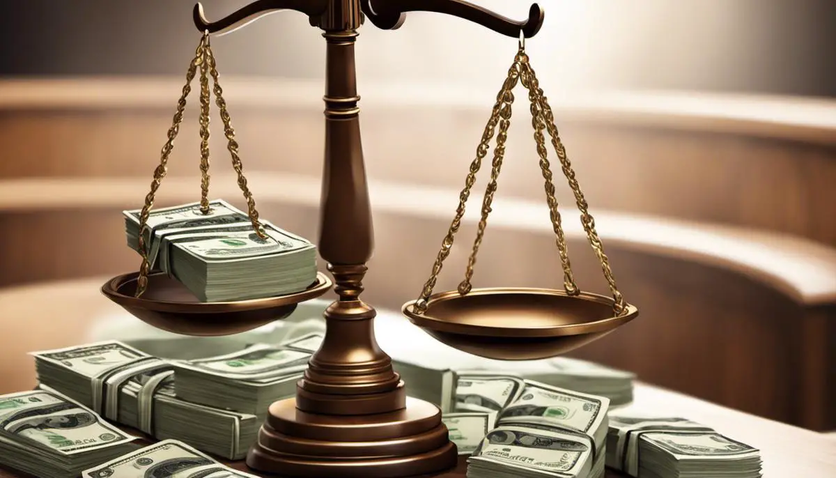 Illustration of a courtroom scale with money bags on one side representing personal injury settlements.